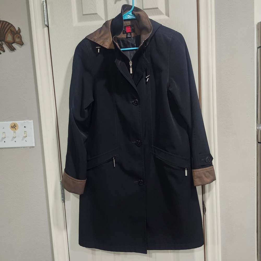 Gallery Petite Black Raincoat Detachable Hood Bronze Trim PS